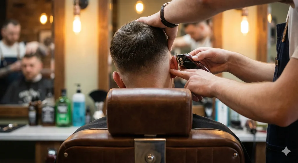 Barber using clippers to create a precision low taper fade on a client in a barbershop.