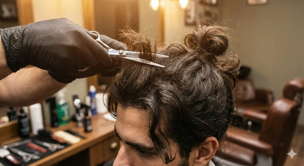 Barber using scissors to texturize the top of a client's hair to add movement and remove bulk.