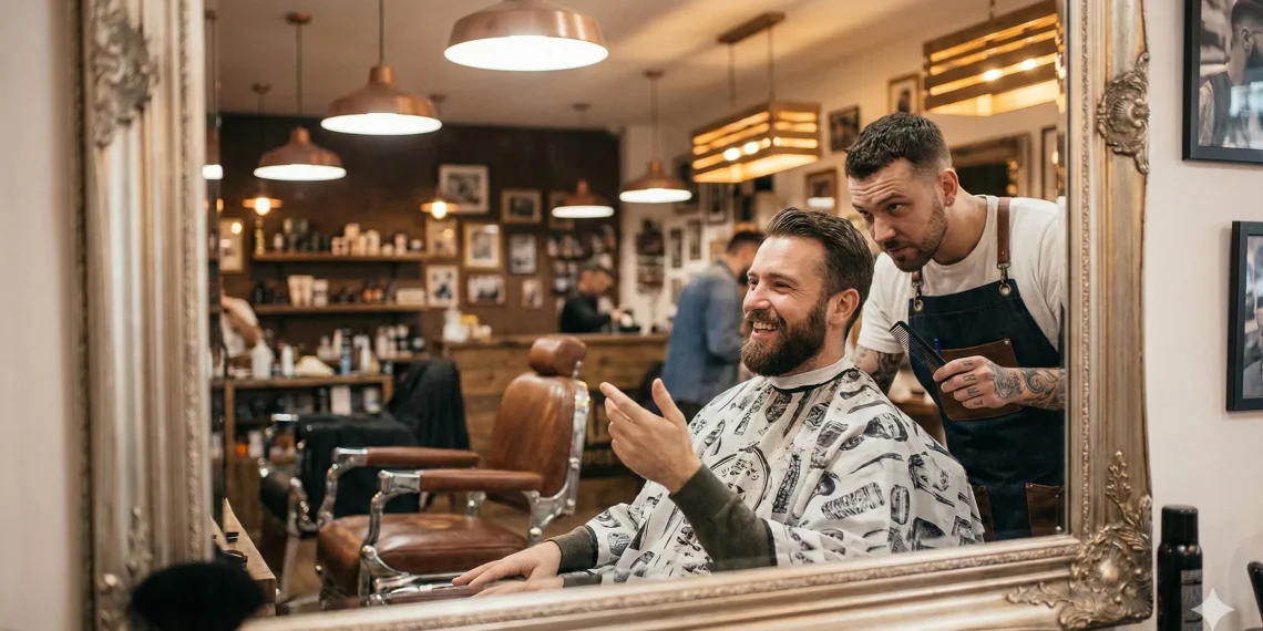 A client sitting in a barber chair smiling and discussing his haircut preferences with a professional barber.