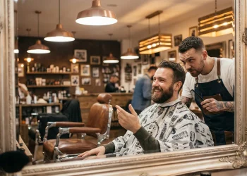 A client sitting in a barber chair smiling and discussing his haircut preferences with a professional barber.