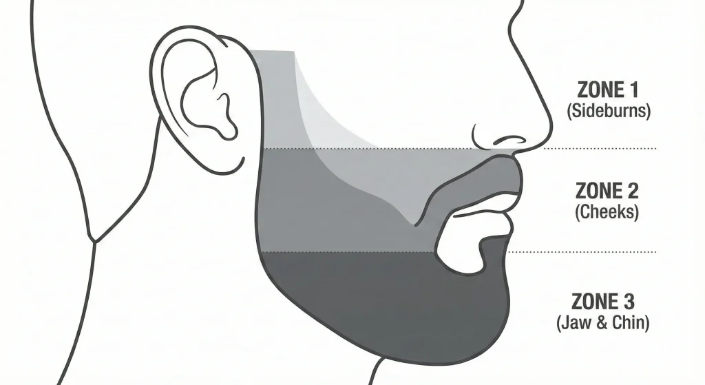 Diagram illustrating beard fade zones on a face profile, indicating where to apply guard sizes 1, 2, and 3.