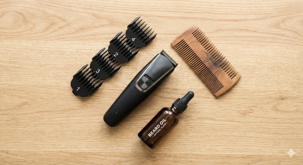 Flat lay of essential beard grooming tools including an electric trimmer, guard attachments sizes 1-4, a comb, and beard oil.