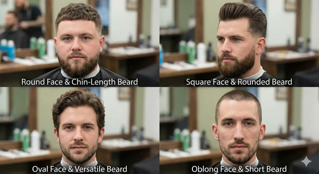  "Men showing combinations of haircuts and beard styles for different face shapes."
