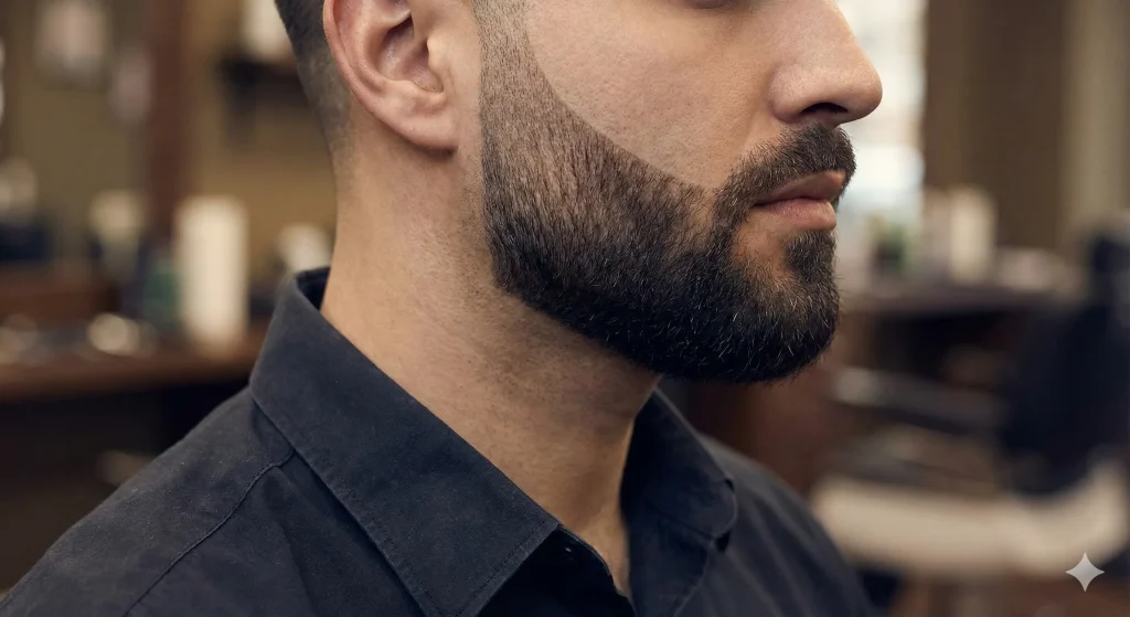 Side profile of a man with a groomed beard featuring a sharp cheek line-up and tapered sideburns.