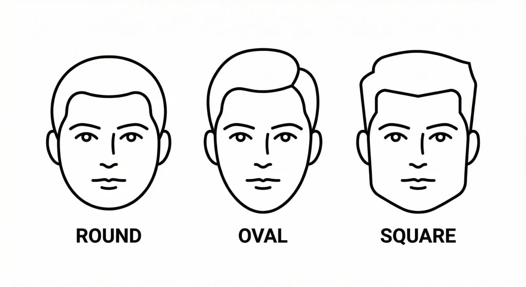 Illustration showing round, oval, and square male face shapes with recommended low taper fade hairstyles for each.