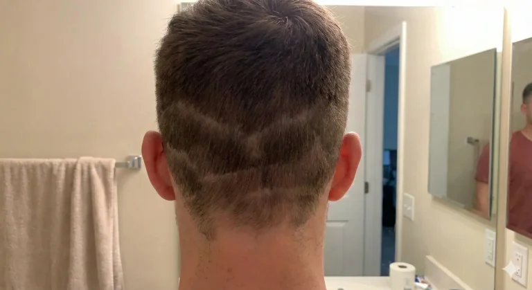 Rear view of a person's head showing a botched DIY haircut with multiple uneven, horizontal fade lines and patchy lengths in a home bathroom setting.