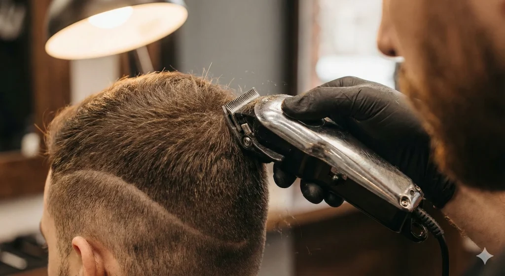 Close-up of a hand holding electric clippers, demonstrating the "flick" or "C-motion" technique by tilting the blade outward away from the scalp to blend the hair.