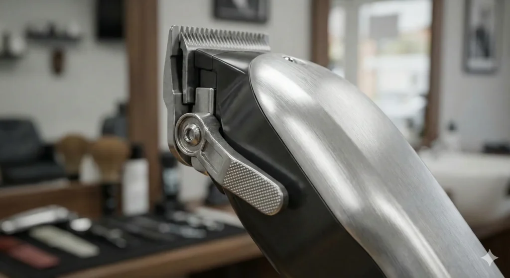 Macro detail shot of the metal adjustment lever on the side of professional hair clippers, which allows for micro-adjustments in length.