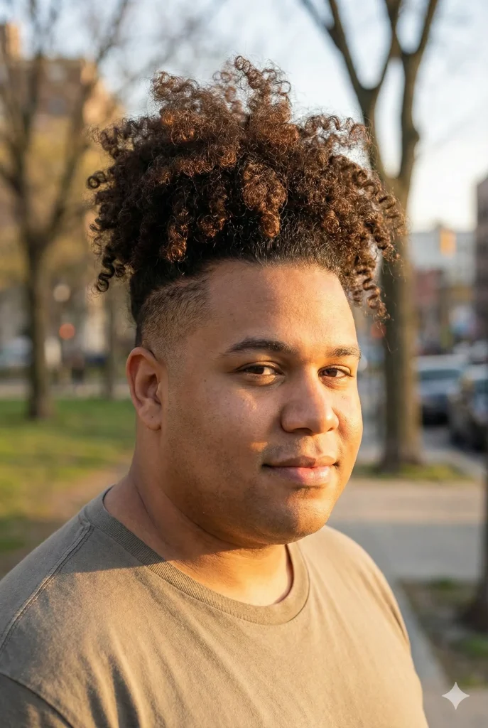 Men's curly top hairstyle with tight faded sides, showing how to style curly hair to slim a round face.