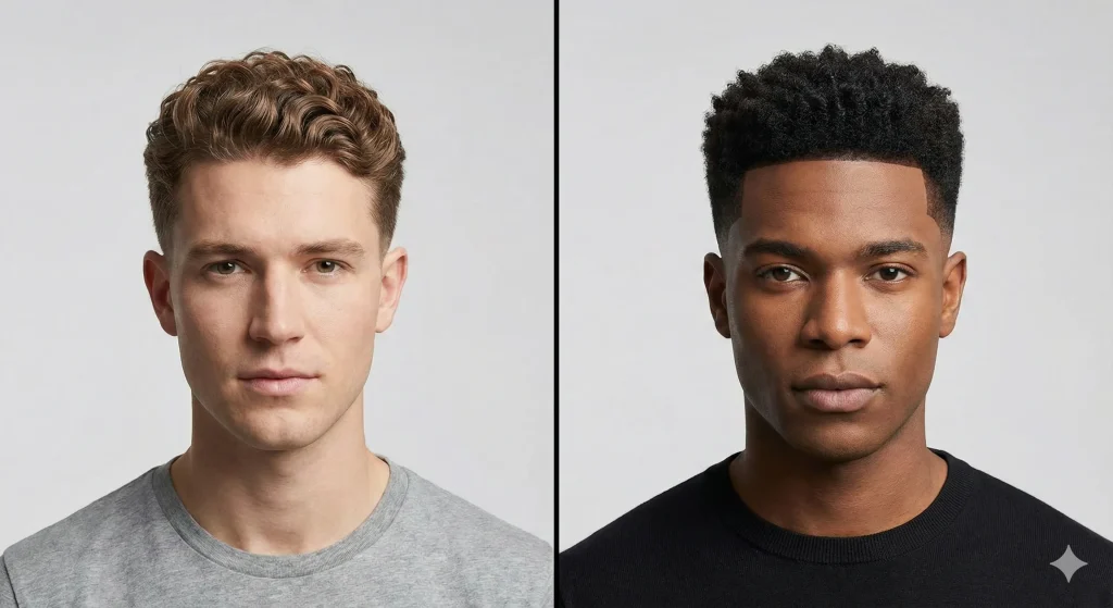 "Low taper fade curly hair on wavy hair versus coily hair side by side."