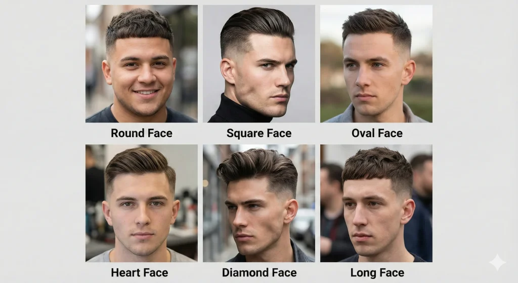 "Collage of different face shapes with low fade and undercut fade hairstyles, showing how each style suits various faces."