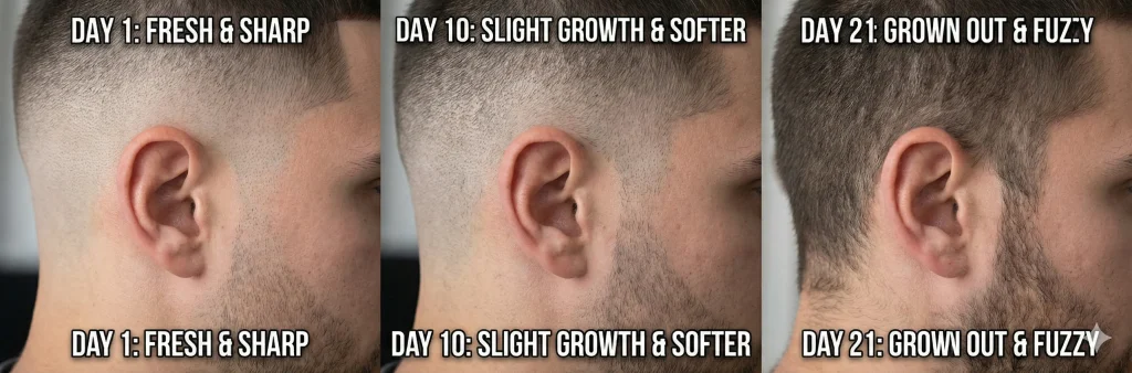 A three-panel timeline showing how a fade haircut evolves from fresh and sharp in week one, to softer in week two, to grown out in week three.