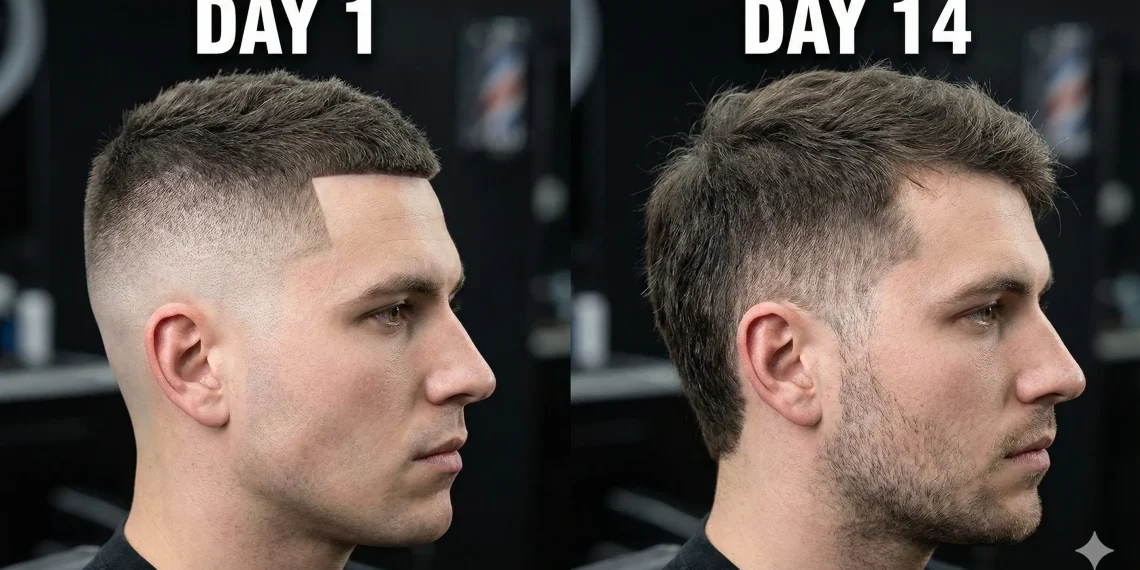 A split-screen comparison showing a fresh skin fade haircut on the left versus the same haircut with two weeks of hair growth on the right.