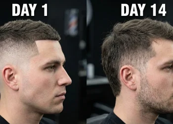 A split-screen comparison showing a fresh skin fade haircut on the left versus the same haircut with two weeks of hair growth on the right.