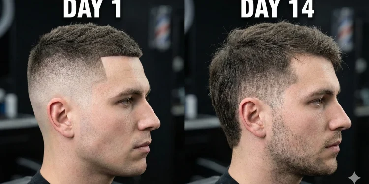 A split-screen comparison showing a fresh skin fade haircut on the left versus the same haircut with two weeks of hair growth on the right.