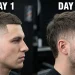 A split-screen comparison showing a fresh skin fade haircut on the left versus the same haircut with two weeks of hair growth on the right.