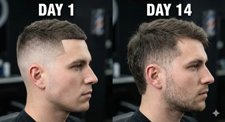 A split-screen comparison showing a fresh skin fade haircut on the left versus the same haircut with two weeks of hair growth on the right.