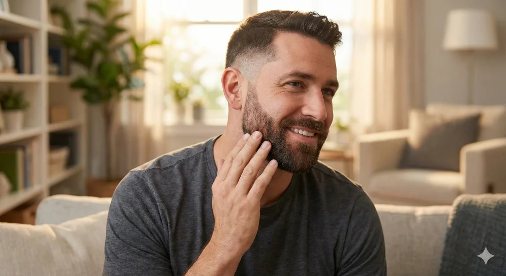 A confident man smiling and touching his freshly groomed, neat beard fade.