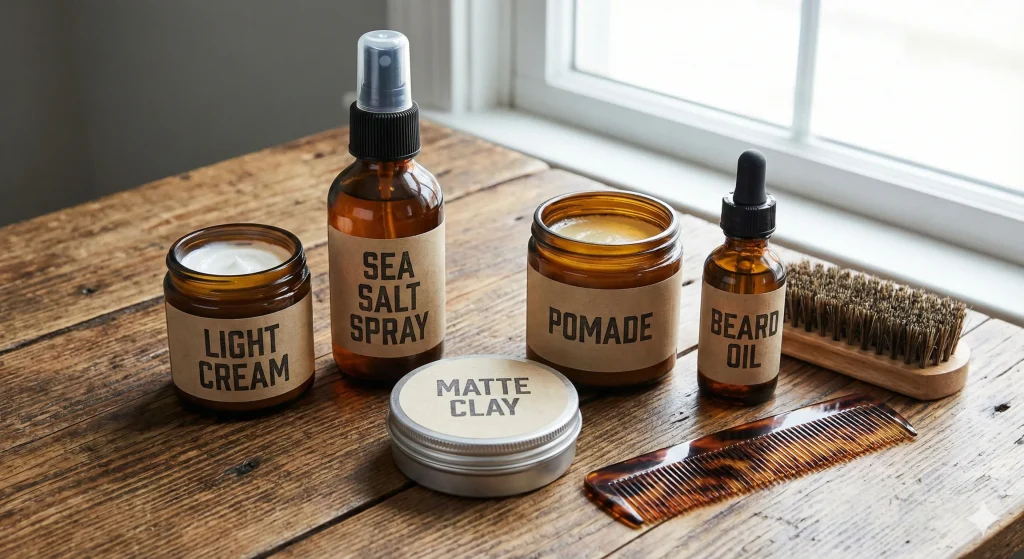  "Hair and beard styling products including light cream, sea salt spray, matte clay, pomade, and beard oil."
