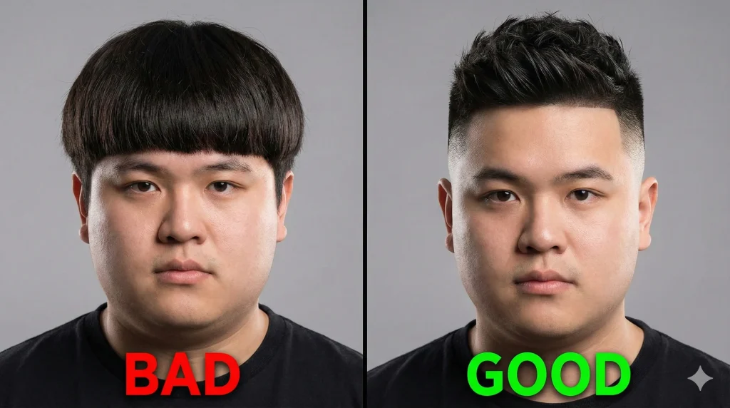 Comparison image showing a widening bowl cut versus a slimming fade haircut on a man with a round face.