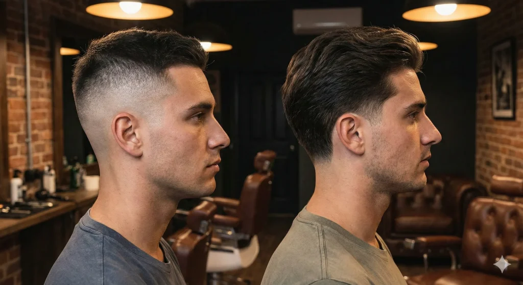 Side-by-side illustration comparing a high skin fade which shows more scalp, against a low taper fade which leaves more hair on the sides.