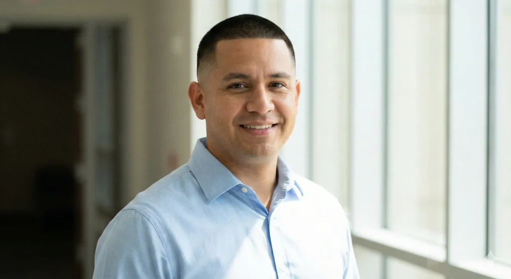 Professional Hispanic man wearing a button-down shirt with a soft, natural low taper fade haircut suitable for the office.