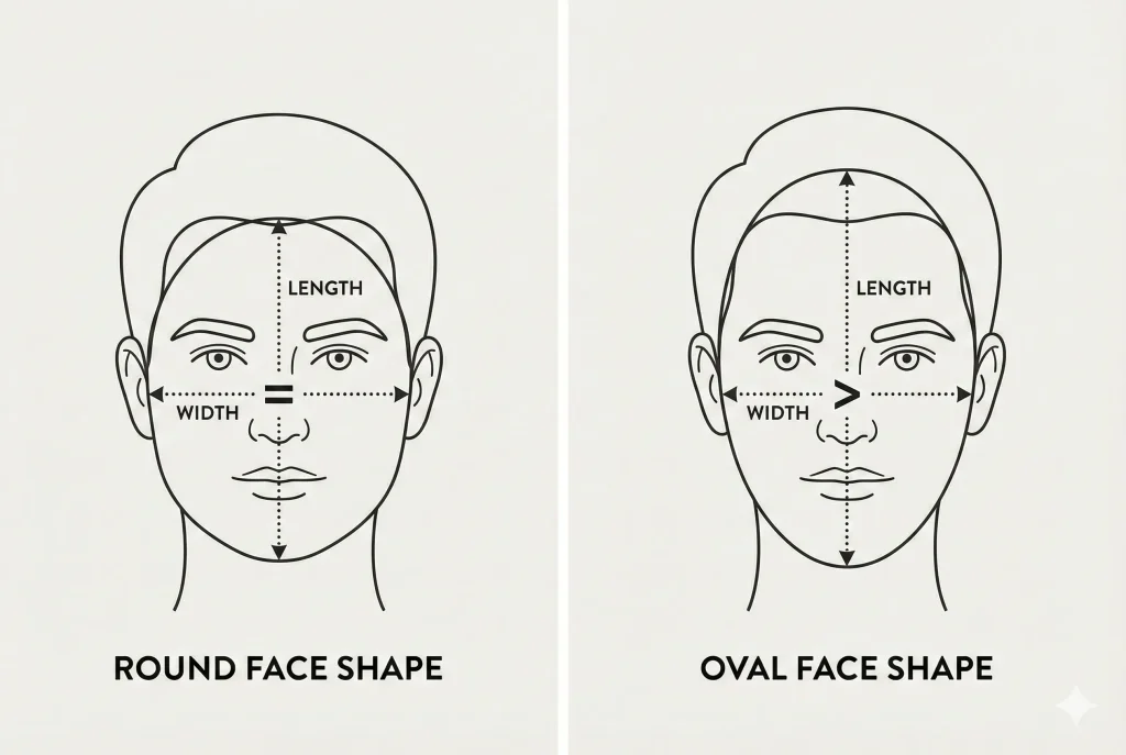 Illustration comparing a round face shape to an oval face, highlighting that cheek width equals face length.