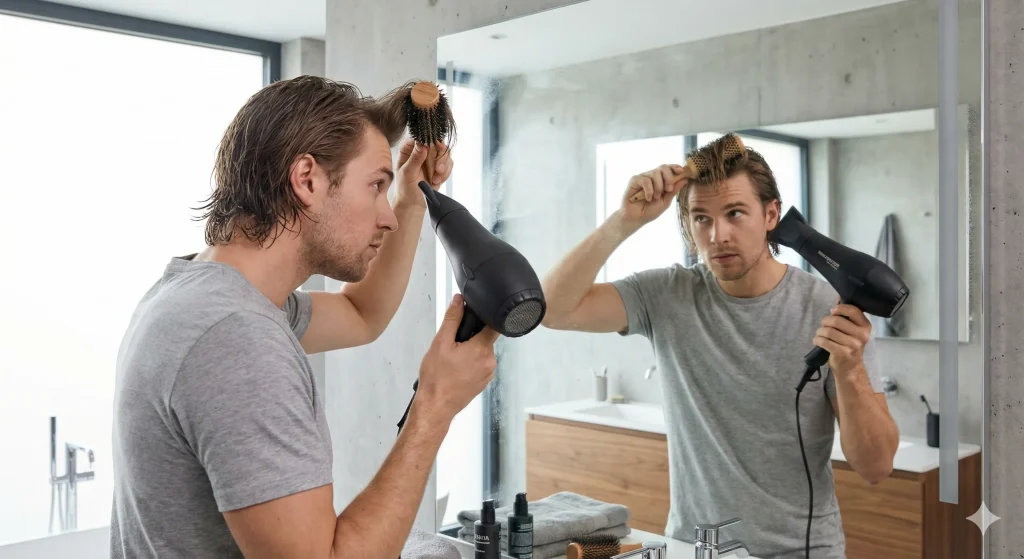 Man using a blow dryer and round brush to add volume to his fringe for a blowout taper hairstyle.