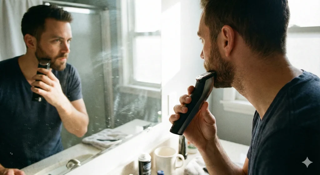 A man looking into a bathroom mirror using an electric trimmer to carefully fade his beard.