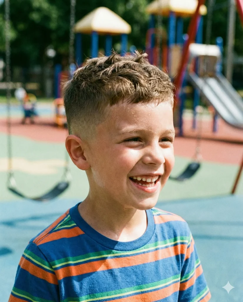 A smiling 7-year-old boy on a playground sporting a textured crop hairstyle with a mid fade.