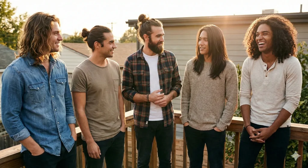 "Men with long hairstyles including bro flow, man bun, top knot, long layers, and shoulder-length curly hair."
