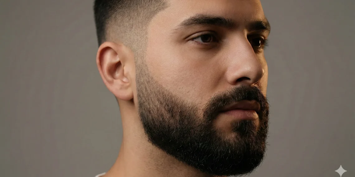 : Close-up portrait of a man with a clean low beard fade, blending short sideburns into a full beard.