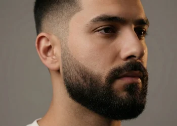 : Close-up portrait of a man with a clean low beard fade, blending short sideburns into a full beard.