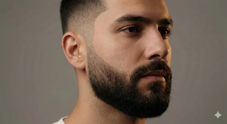 : Close-up portrait of a man with a clean low beard fade, blending short sideburns into a full beard.