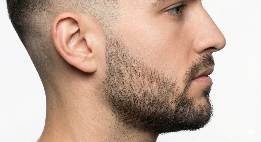 Side profile view of a man's face showing the gradient of a low beard fade from the ear to the jawline.