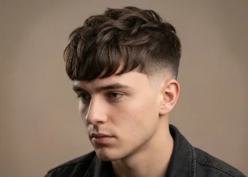 Front view of a man with a low blowout taper haircut featuring voluminous textured fringe and clean tapered sides