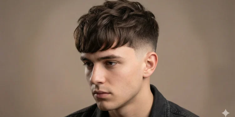 Front view of a man with a low blowout taper haircut featuring voluminous textured fringe and clean tapered sides