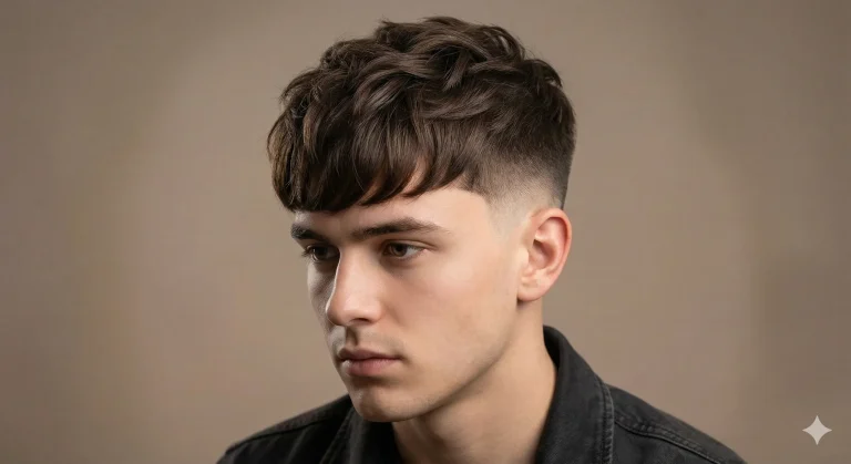 Front view of a man with a low blowout taper haircut featuring voluminous textured fringe and clean tapered sides