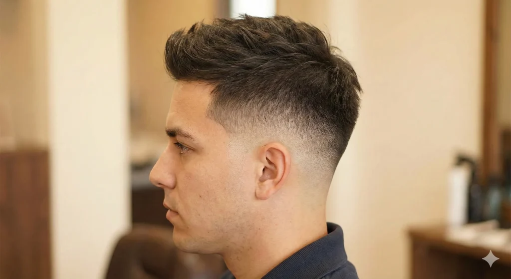 "Close-up of a man with a low fade haircut, short sides blending smoothly into longer top hair."