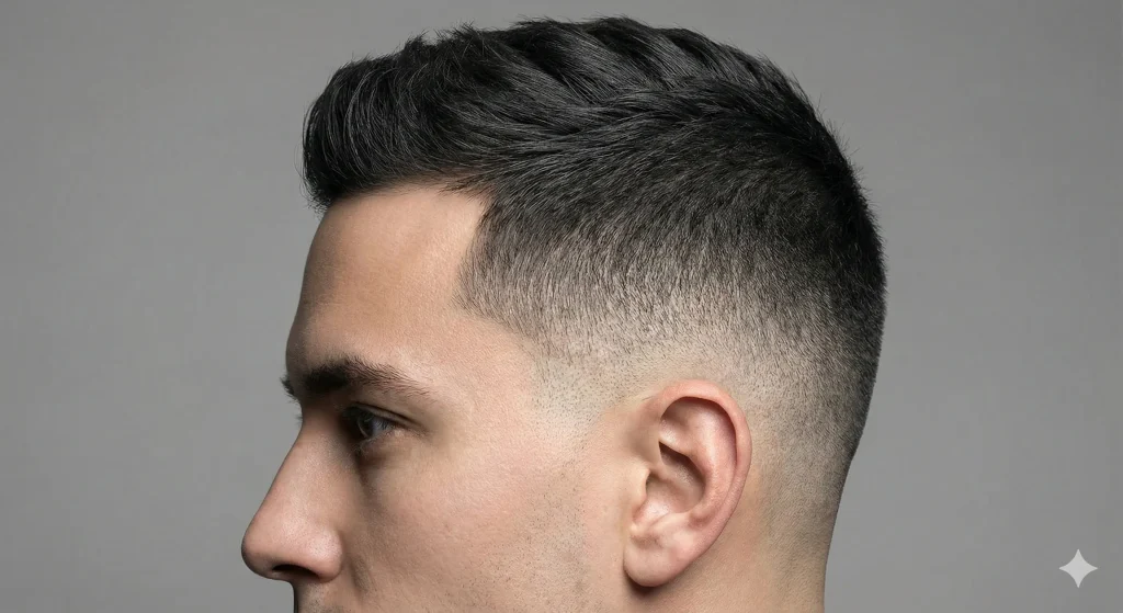 Side view of a men's low fade haircut showing hair blending smoothly from skin near the ears to longer hair at the top.