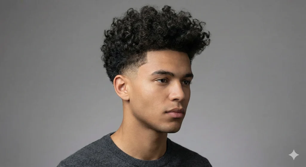 Man with thick curly hair on top and a clean low taper fade on the sides.