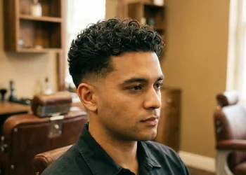 "Man with low taper fade curly hair and natural curls on top."