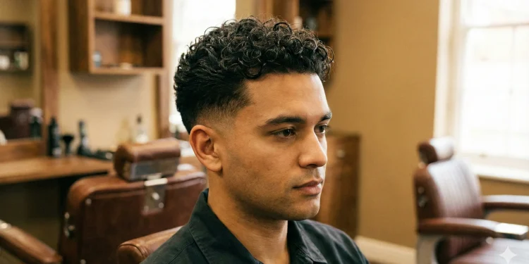 "Man with low taper fade curly hair and natural curls on top."