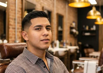 Side profile of a young Latino man with a modern low taper fade haircut, standing in a barbershop.