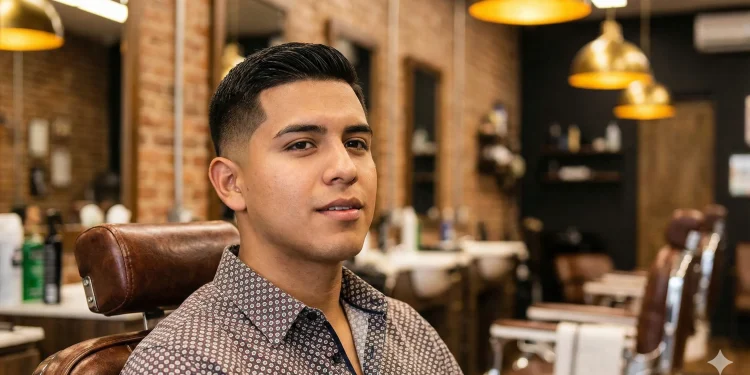 Side profile of a young Latino man with a modern low taper fade haircut, standing in a barbershop.