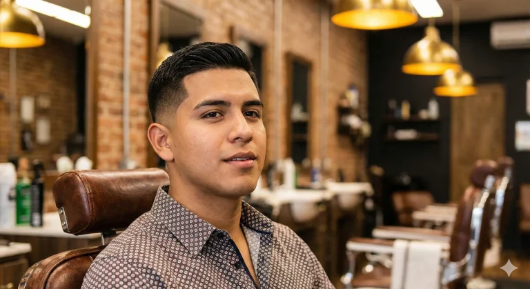 Side profile of a young Latino man with a modern low taper fade haircut, standing in a barbershop.