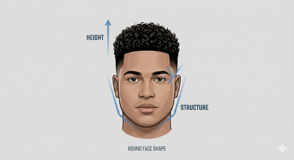 "Low taper fade curly hair on a round face showing added jawline structure."