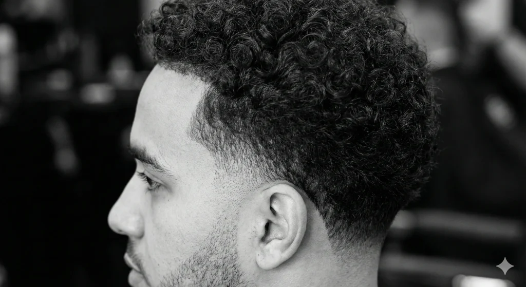 "Side view of low taper fade curly hair showing clean fade around ear and neckline."