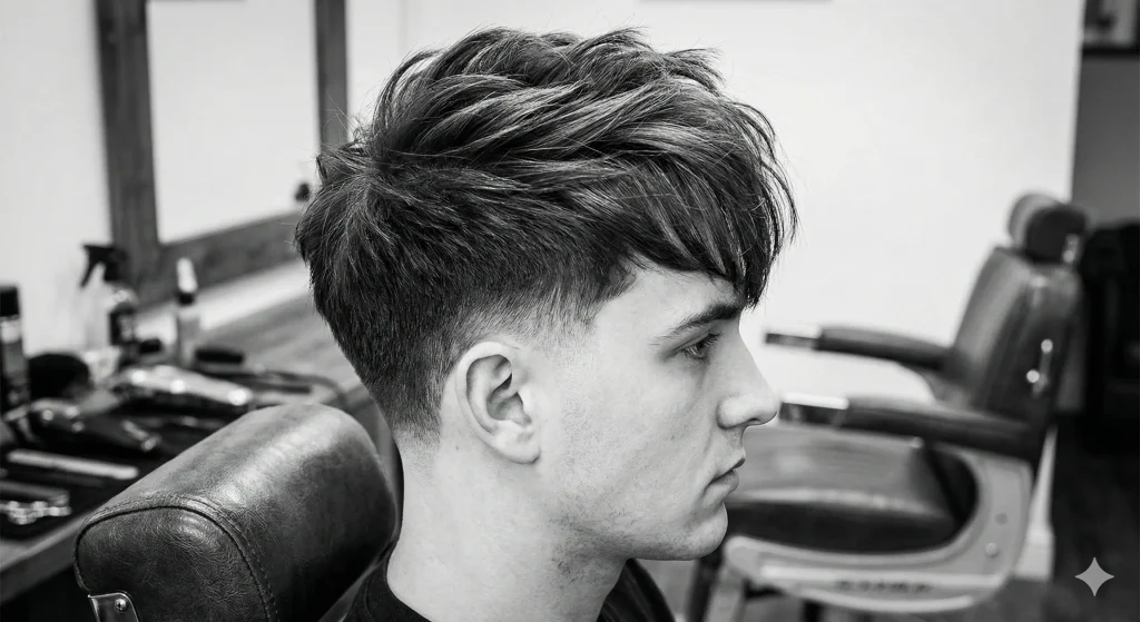 Side profile of a men's low taper fade showing the gradient around the ear and the volume of the blowout style on top.