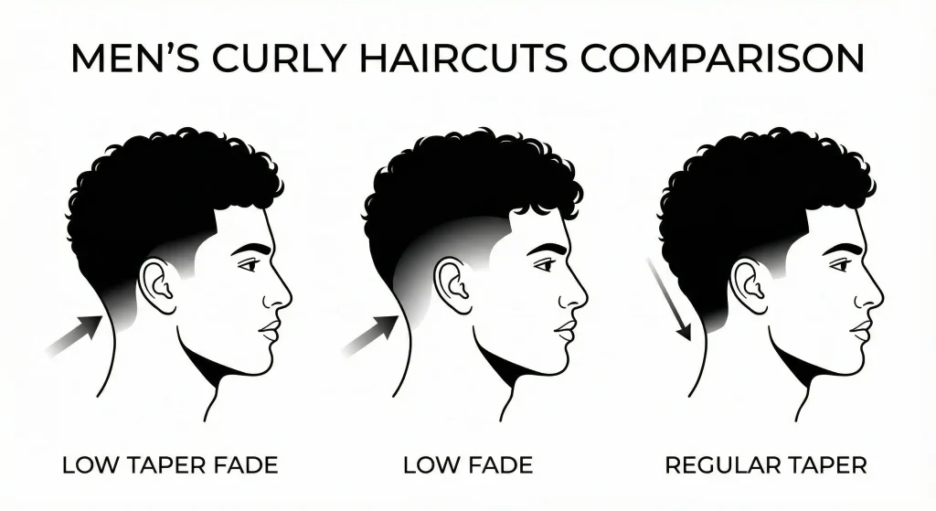 "Diagram comparing low taper fade curly hair vs low fade and regular taper on curly hair."